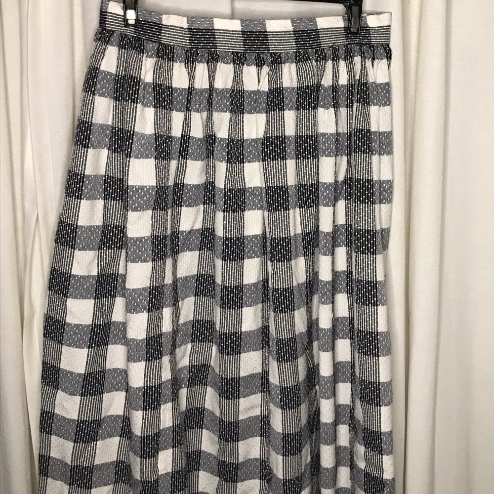 Blue and white pleated maxi skirt.